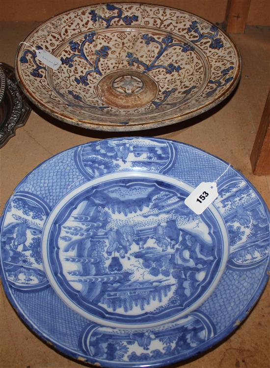 17/18C Hispano Moresque polychrome decorated charger & a Northern European Delft chinoiserie charger